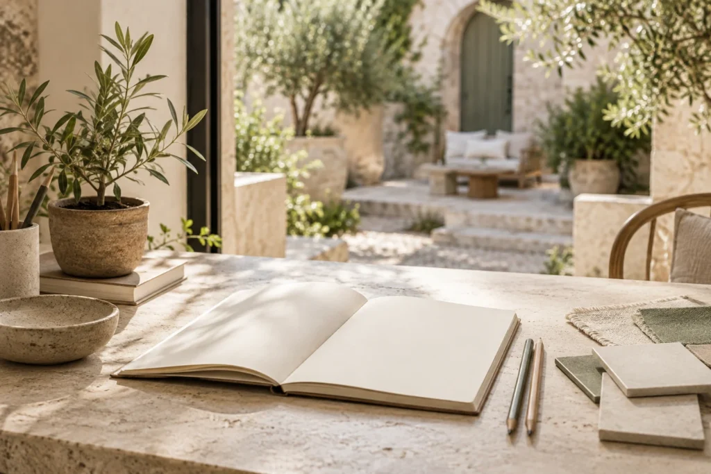 Cuaderno abierto, lápices y materiales naturales en un espacio creativo