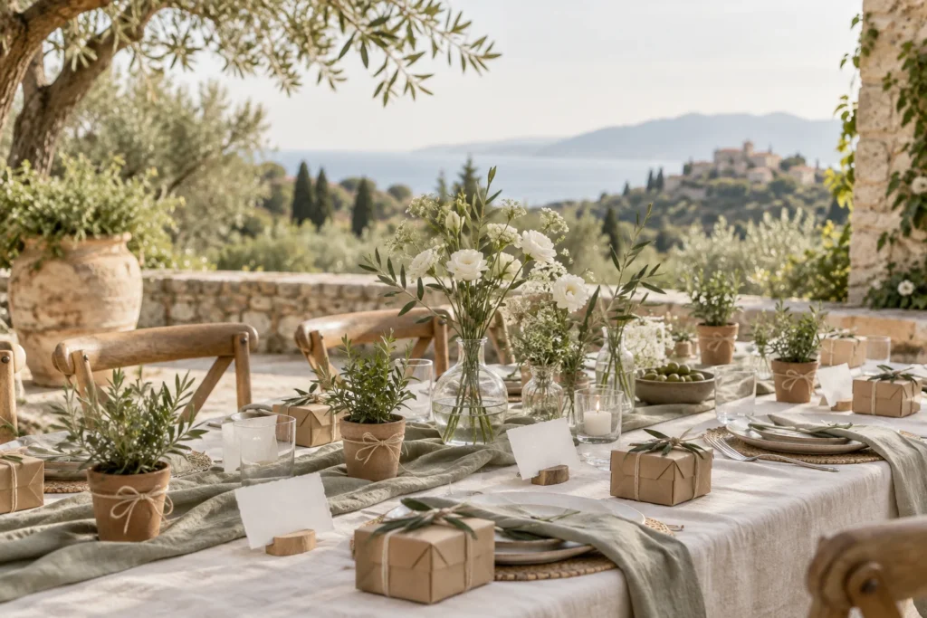 Mesa de celebración con flores blancas, plantas y regalos en papel kraft