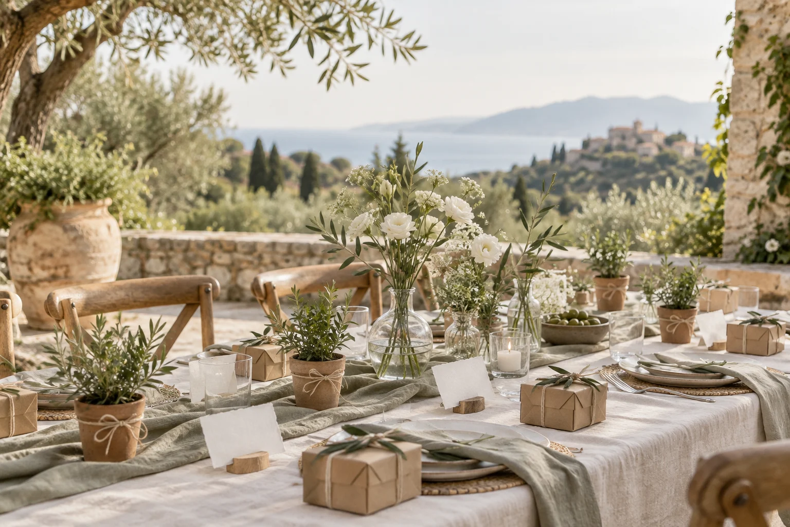 Mesa de celebración con flores blancas, plantas y regalos en papel kraft
