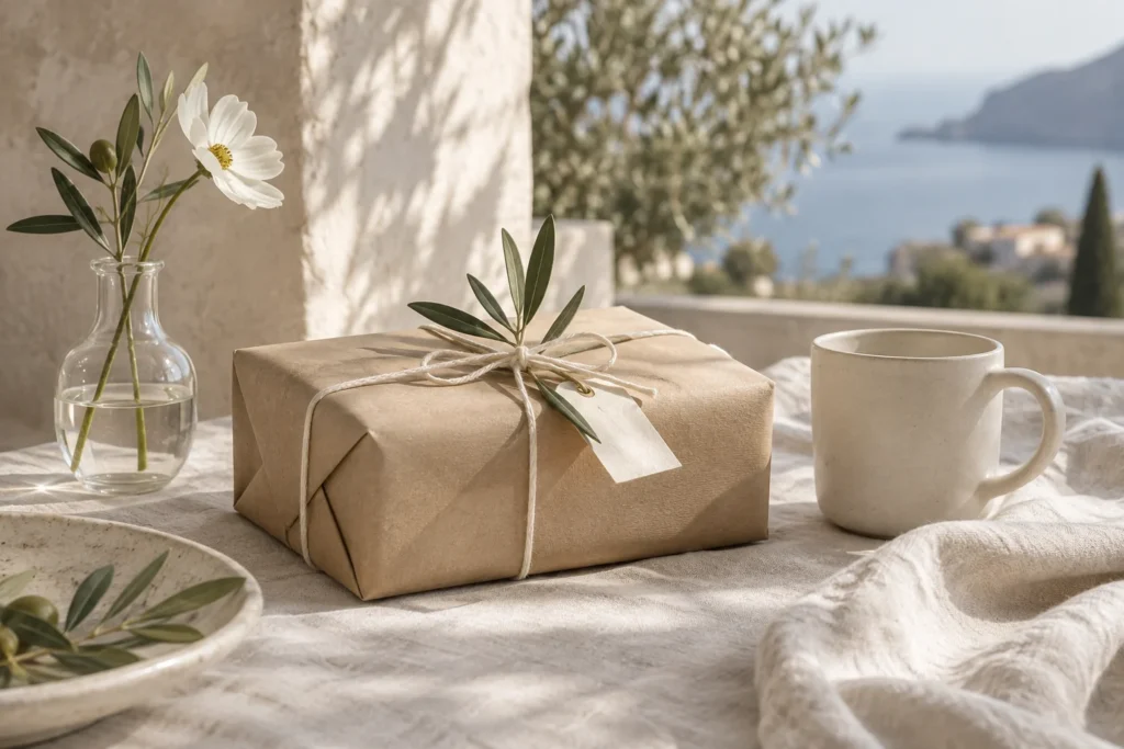 Un regalo envuelto en papel kraft junto a una taza y una flor blanca