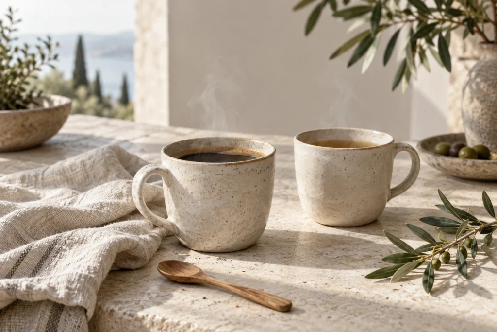 Dos tazas de cerámica con café y té en una mesa de piedra clara