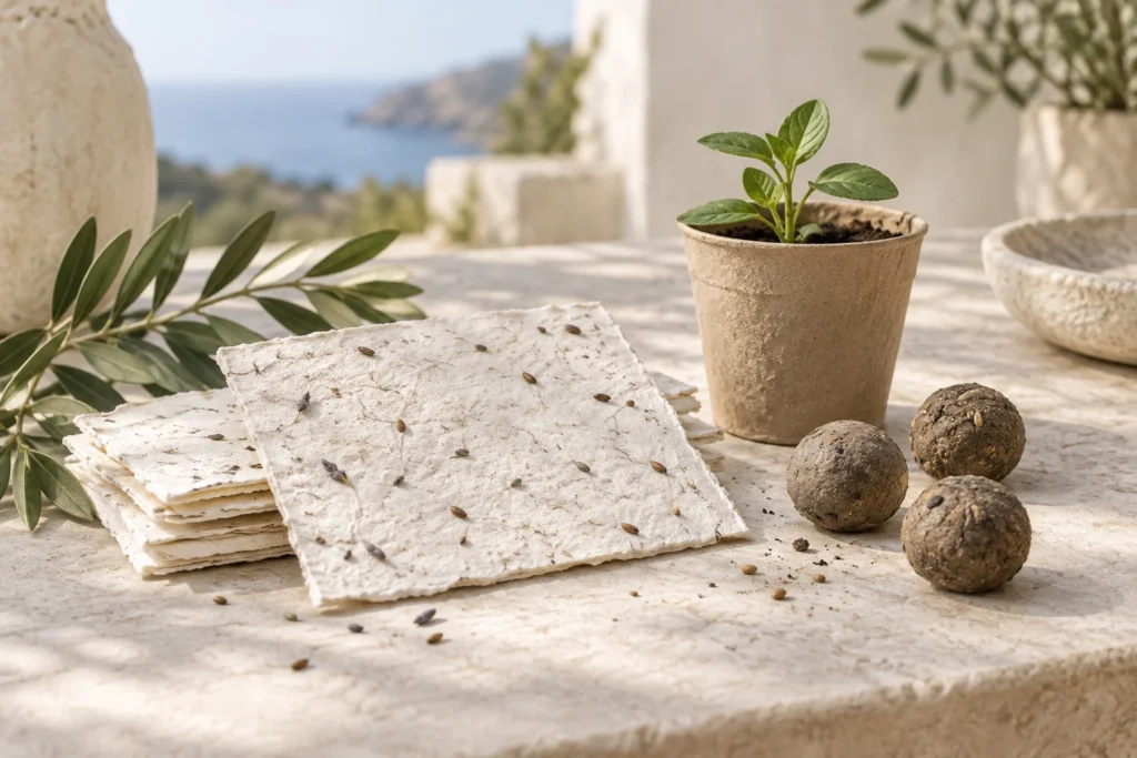 Papel plantable, semillas y una pequeña planta sobre piedra clara