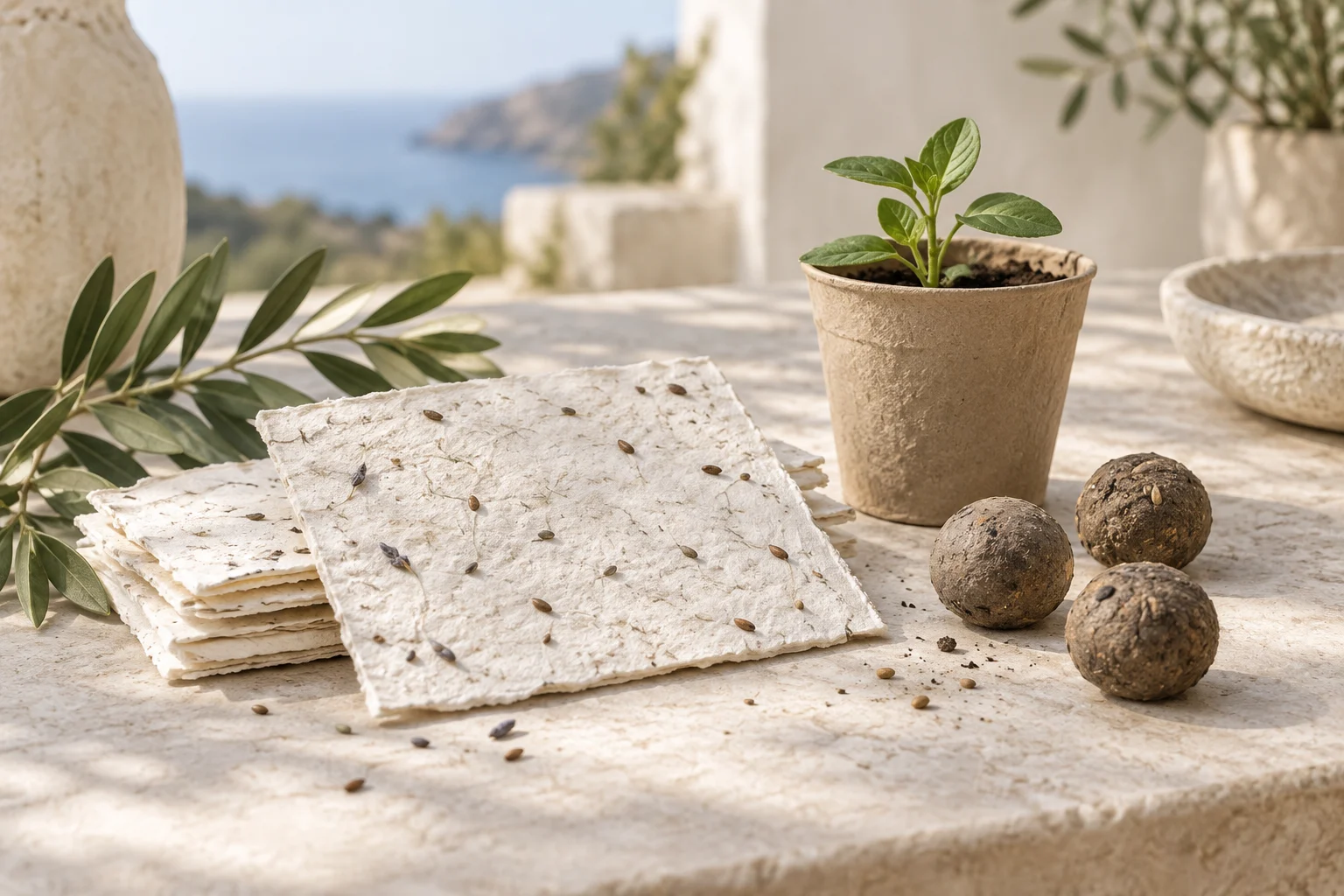 Papel plantable, semillas y una pequeña planta sobre piedra clara