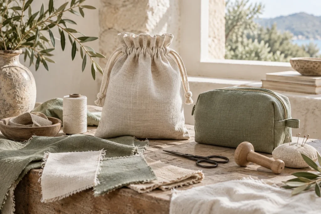 Bolsa de lino y neceser verde junto a telas y utensilios de costura