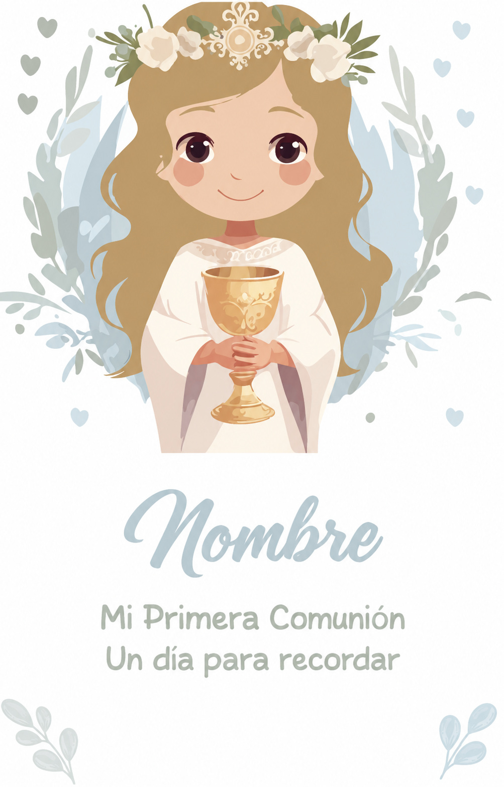 Diseño de recordatorio de Primera Comunión con figura ilustrada, cáliz, flores y textos genéricos.