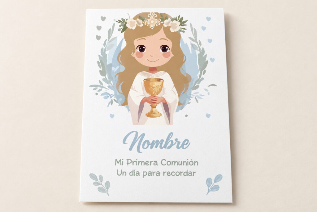 Presentación simulada de un recordatorio blanco de Primera Comunión con ilustración y textos genéricos, sobre una superficie clara.