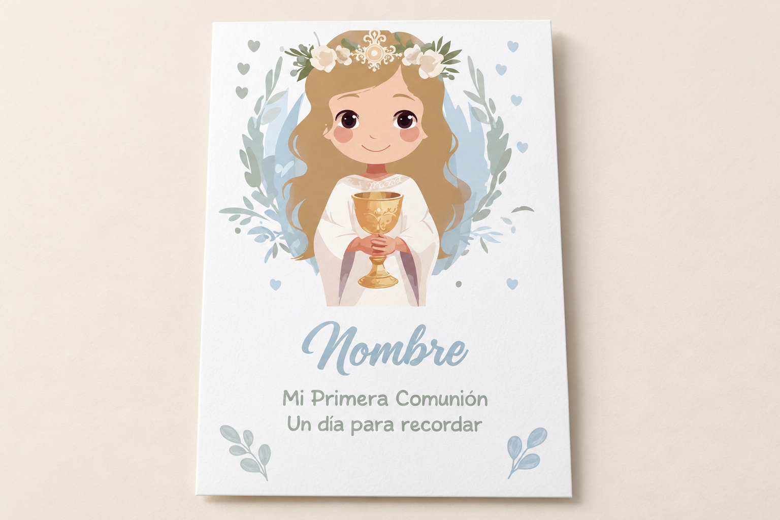 Presentación simulada de un recordatorio blanco de Primera Comunión con ilustración y textos genéricos, sobre una superficie clara.