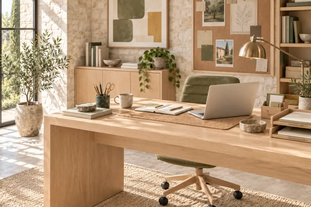 Oficina luminosa con portátil, organizadores y papelería sobre un escritorio de madera clara y silla oliva con base de madera.