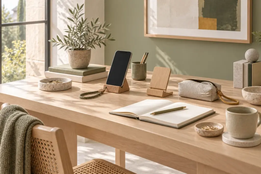 Escritorio de madera clara con soportes para móvil, correas textiles, estuche y cuaderno junto a una ventana.