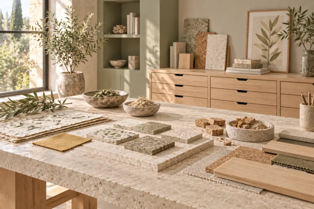 Mesa de trabajo con muestras de materiales, fibras vegetales, corcho y papeles junto a estantes de madera clara.