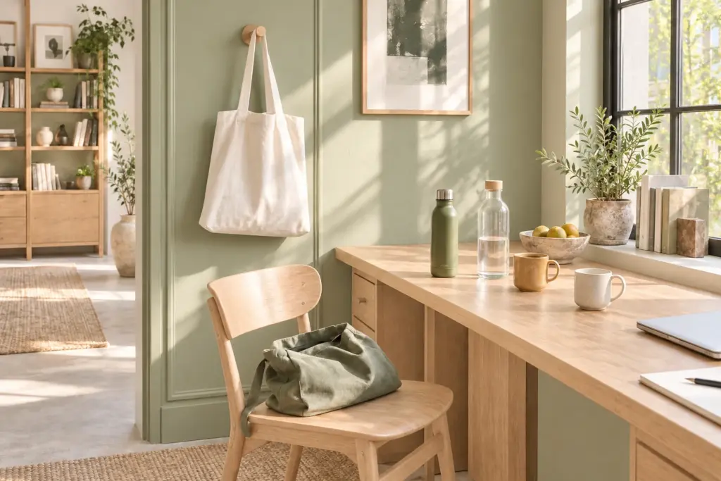 Bolsas de tela, botellas reutilizables y tazas en un rincón luminoso con madera clara, piedra y verde oliva suave.