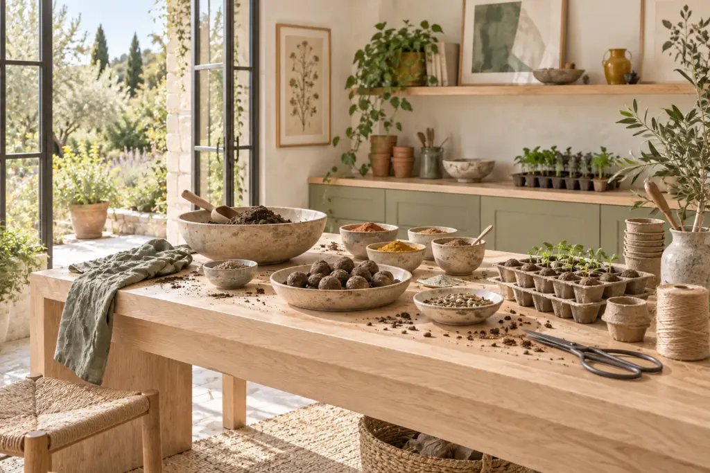 Mesa de siembra con cuencos de bombas de semillas, tierra y bandejas de brotes en un taller con luz natural.
