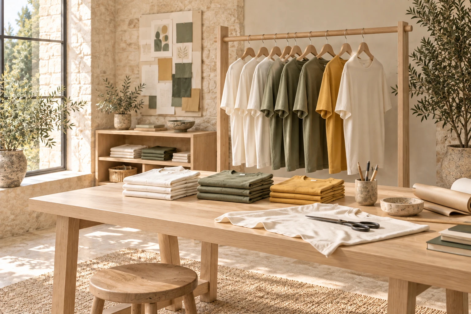 Taller textil luminoso con camisetas crema, oliva y mostaza suave, tejidos doblados y mesa de madera clara.