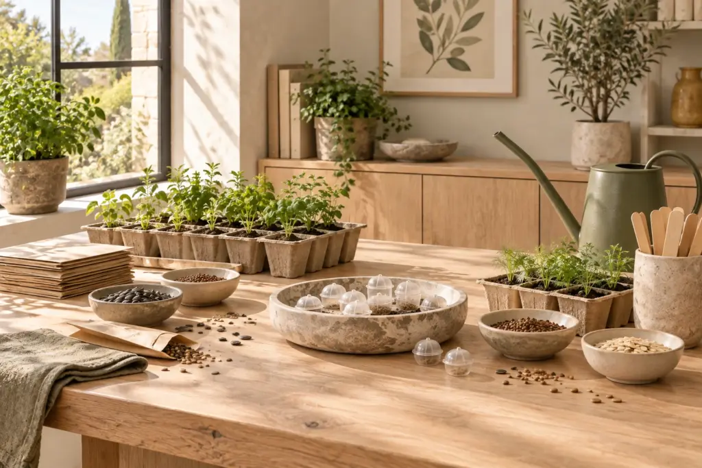 Mesa de madera clara con cápsulas, semillas, cuencos y bandejas de brotes en un espacio de siembra luminoso.