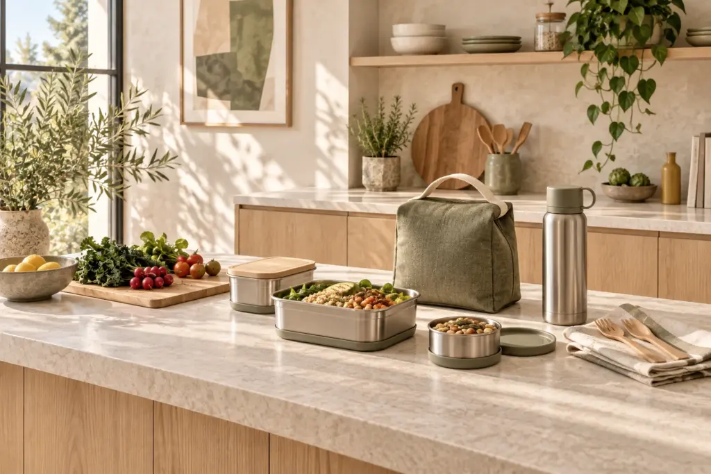 Cocina luminosa con recipientes de comida, bolsa térmica, botella y cubiertos sobre una encimera de piedra.