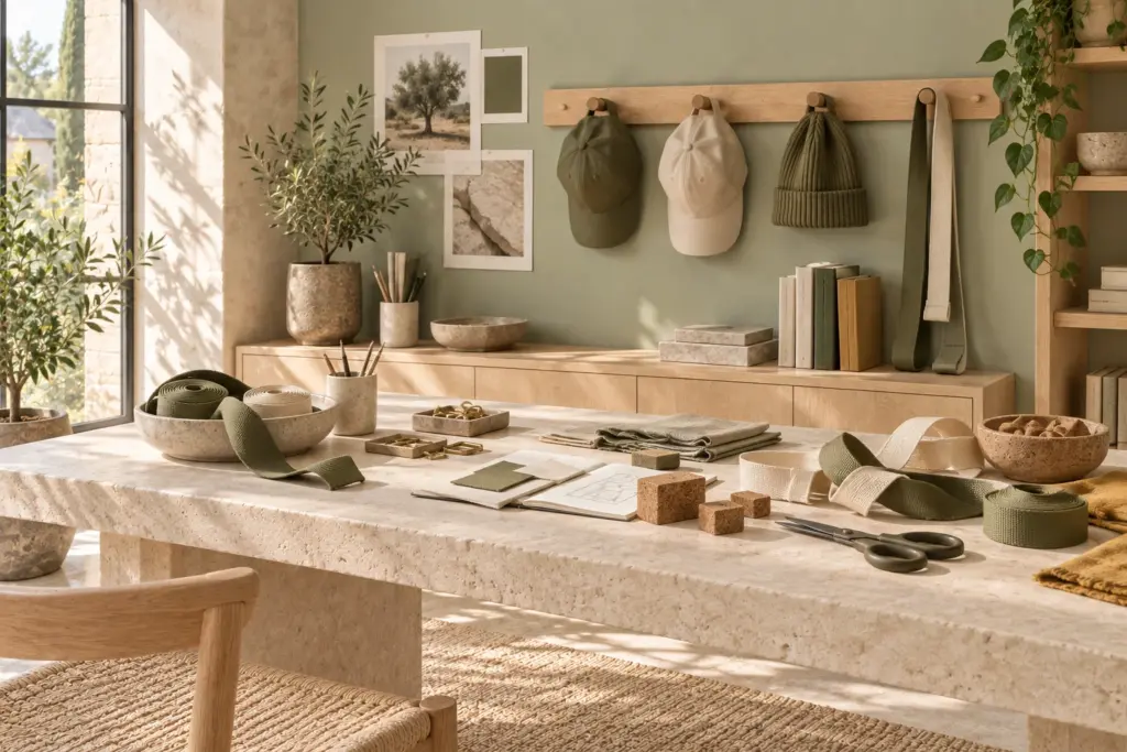 Taller de complementos con gorras, gorros y cintas en tonos crema y oliva, madera clara y piedra.