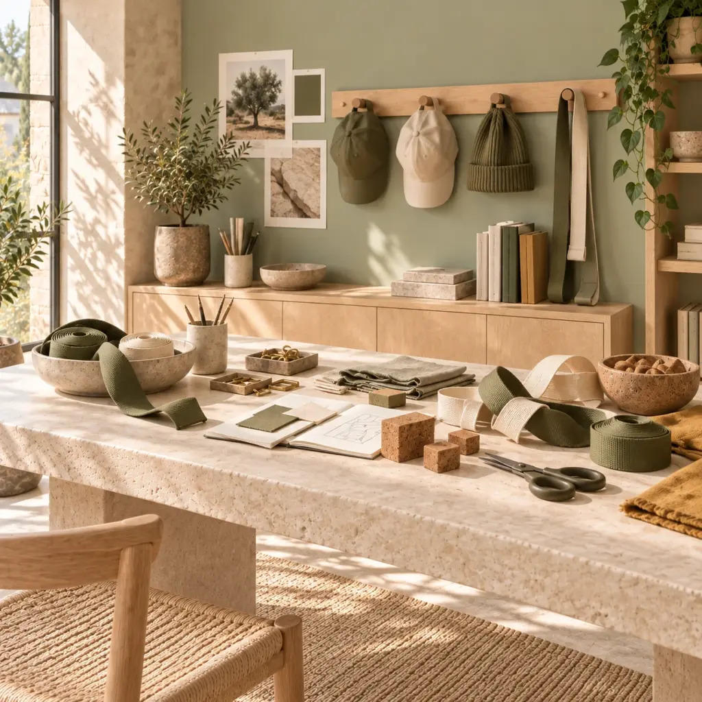 Taller de complementos con gorras, gorros y cintas en tonos crema y oliva, madera clara y piedra.