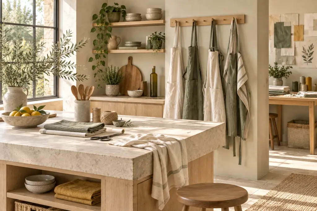 Taller junto a una cocina con delantales crema y oliva colgados, telas y utensilios de madera.