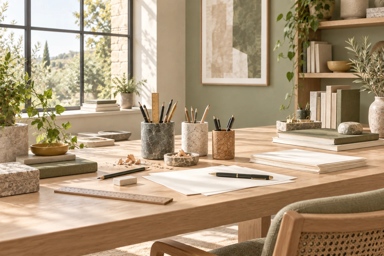 Mesa de madera clara con lápices, bolígrafos, papeles y recipientes de piedra junto a una ventana.