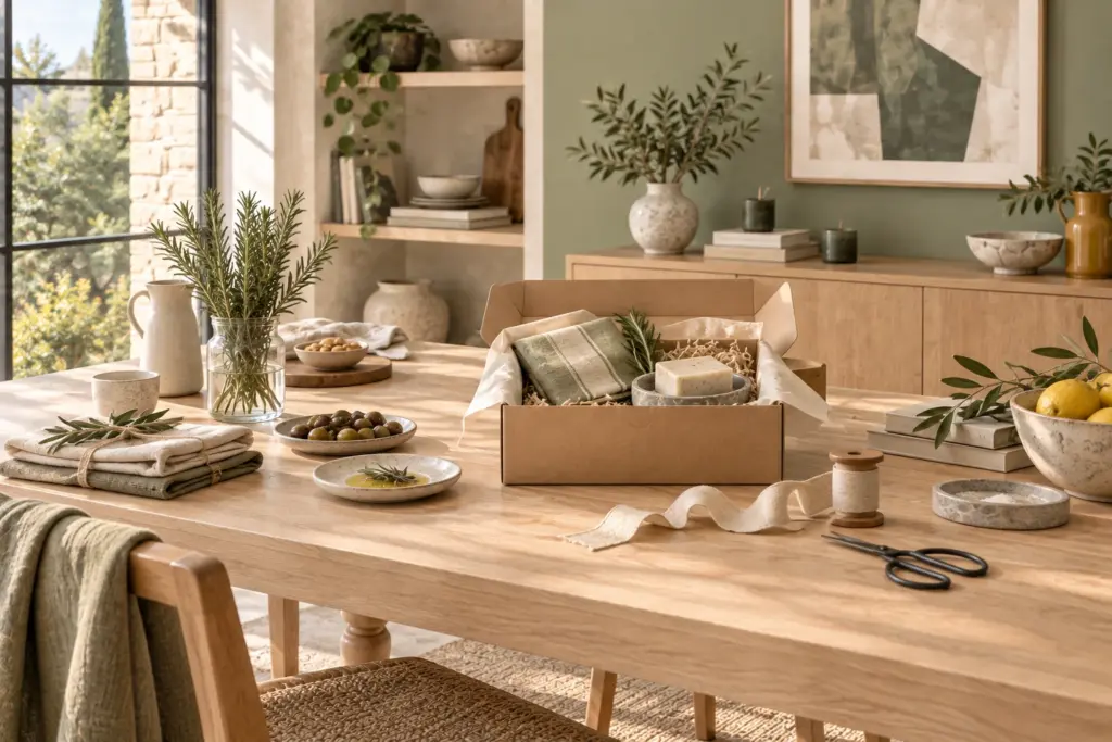 Mesa de madera clara con cajas de regalo, pequeños tarros, cerámica, jabones y lino en un espacio luminoso.
