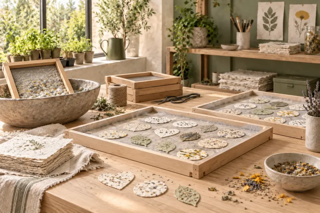 Taller de papel con formas plantables, semillas y pequeñas plantas sobre una mesa de madera clara.