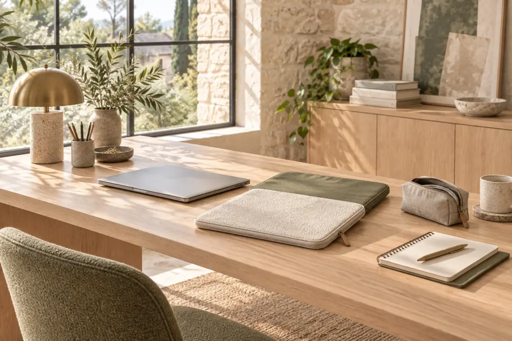 Escritorio de madera clara con portátil cerrado, fundas textiles, cuaderno y neceser en tonos crema y oliva.