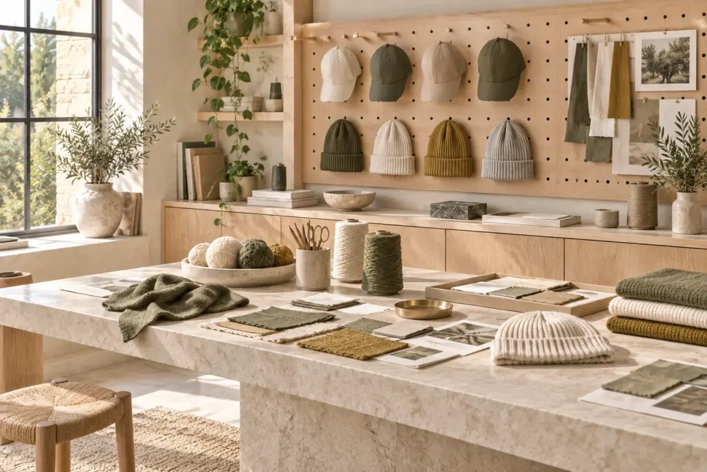 Taller de accesorios con gorras y gorros colgados, ovillos y tejidos sobre una mesa de piedra clara.