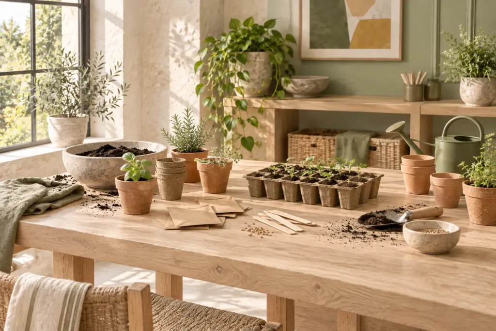 Mesa de siembra con macetas de turba y terracota, sustrato, sobres y pequeños brotes.