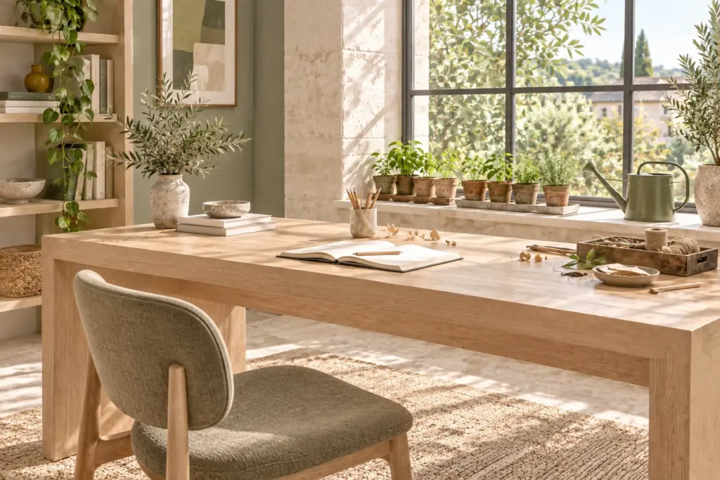 Escritorio de madera clara con lápices, papel y brotes junto a una ventana luminosa.