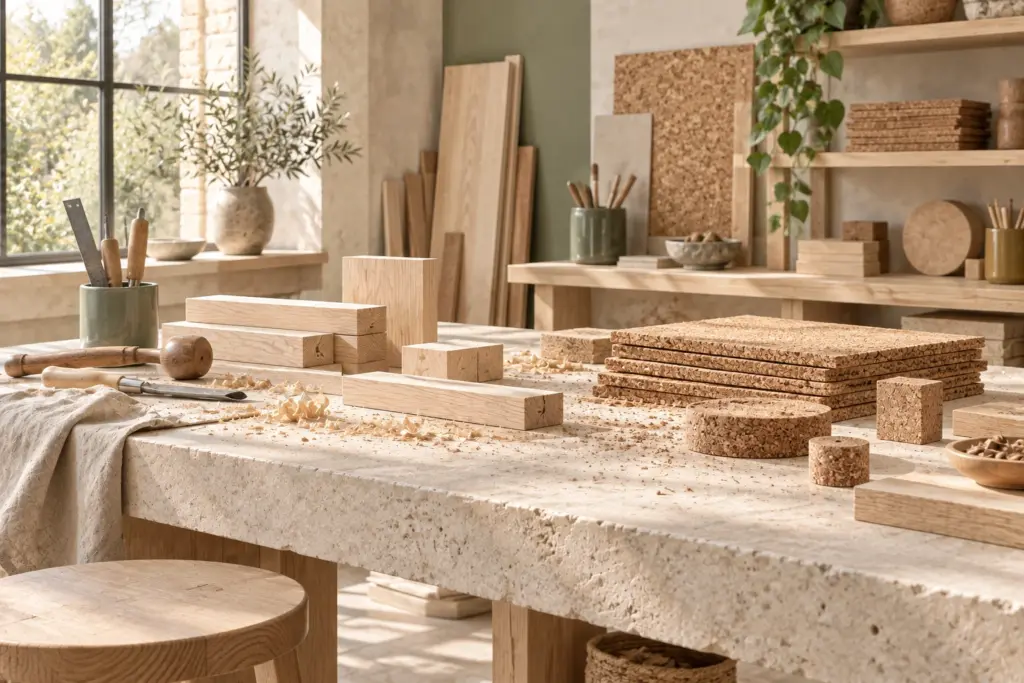 Taller de materiales con tablas de madera clara, láminas de corcho y herramientas sobre piedra.