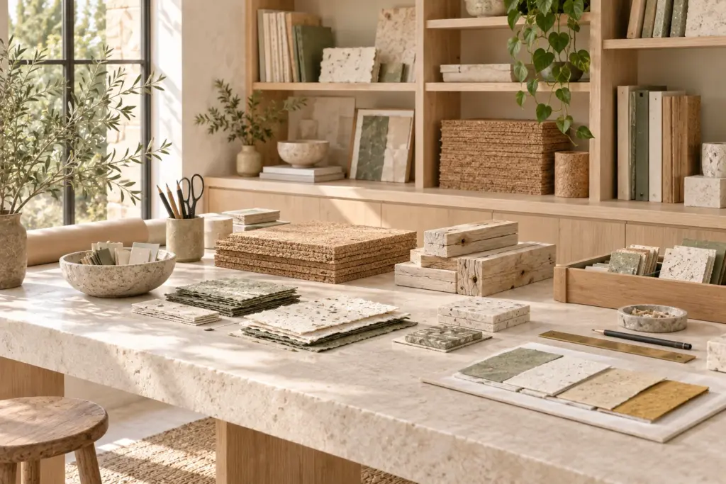 Taller de materiales con muestras de madera clara, corcho, papeles y fibras sobre una mesa de piedra.