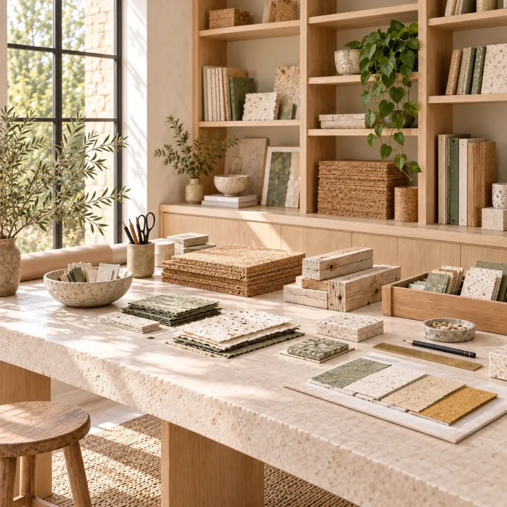 Taller de materiales con muestras de madera clara, corcho, papeles y fibras sobre una mesa de piedra.
