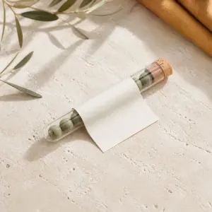 Tubo de vidrio con siete minibombas de semillas y banderín blanco personalizable