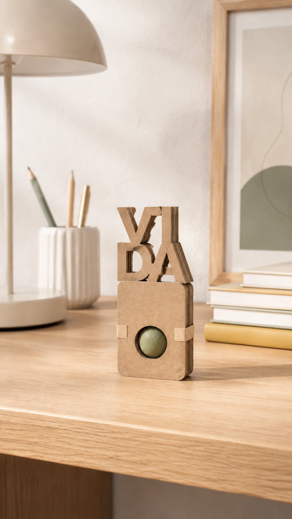 Bomba de semillas con solapa de cartón personalizable; presentación sobre escritorio de madera en un entorno de tonos naturales.