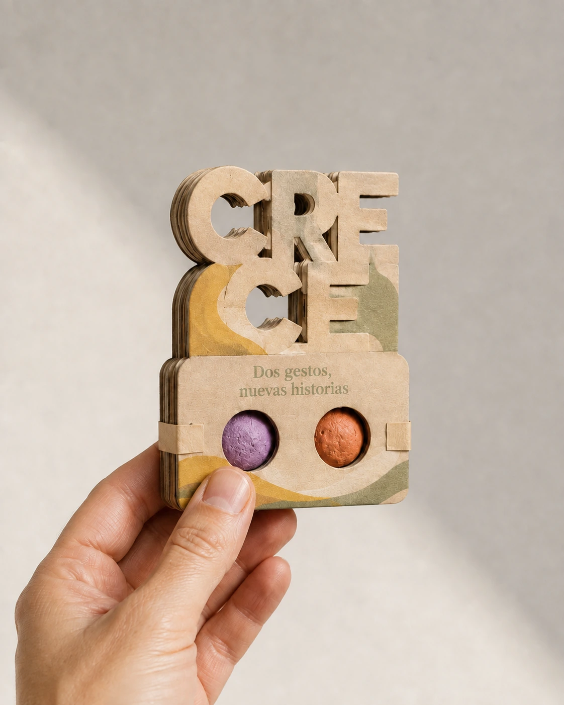 Pack de 2 bombas de semillas con solapa de cartón; propuesta de personalización con grafismo salvia y mostaza y la frase «Dos gestos, nuevas historias», sostenida en la mano.