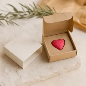 Corazón rosa de semillas en una caja de cartón abierta, con su faja blanca al lado.