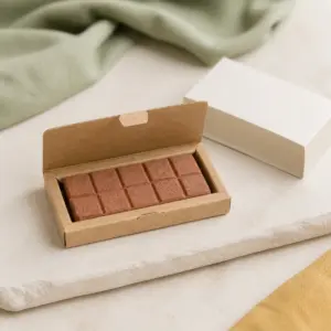 Tableta de semillas rectangular en una caja de cartón abierta con faja blanca sin imprimir.
