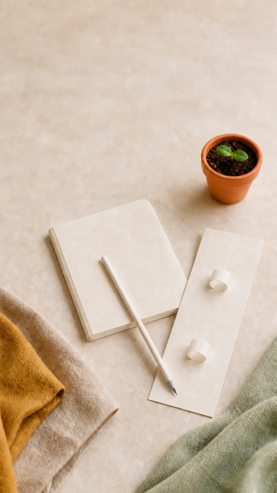Lápiz de papel reciclado junto a su tarjeta vacía y una libreta decorativa