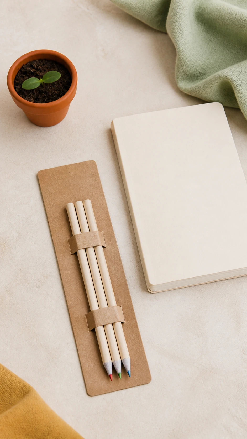 Pack de tres lápices de papel reciclado junto a una libreta y una planta decorativas
