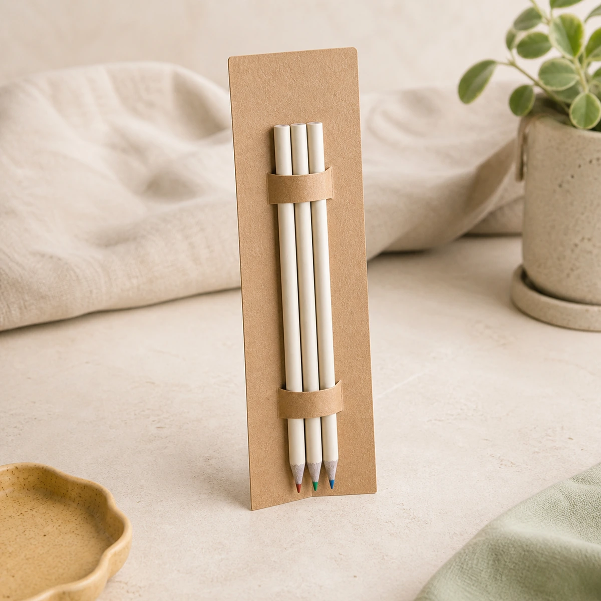 Pack de tres lápices de papel reciclado en tarjeta kraft personalizable