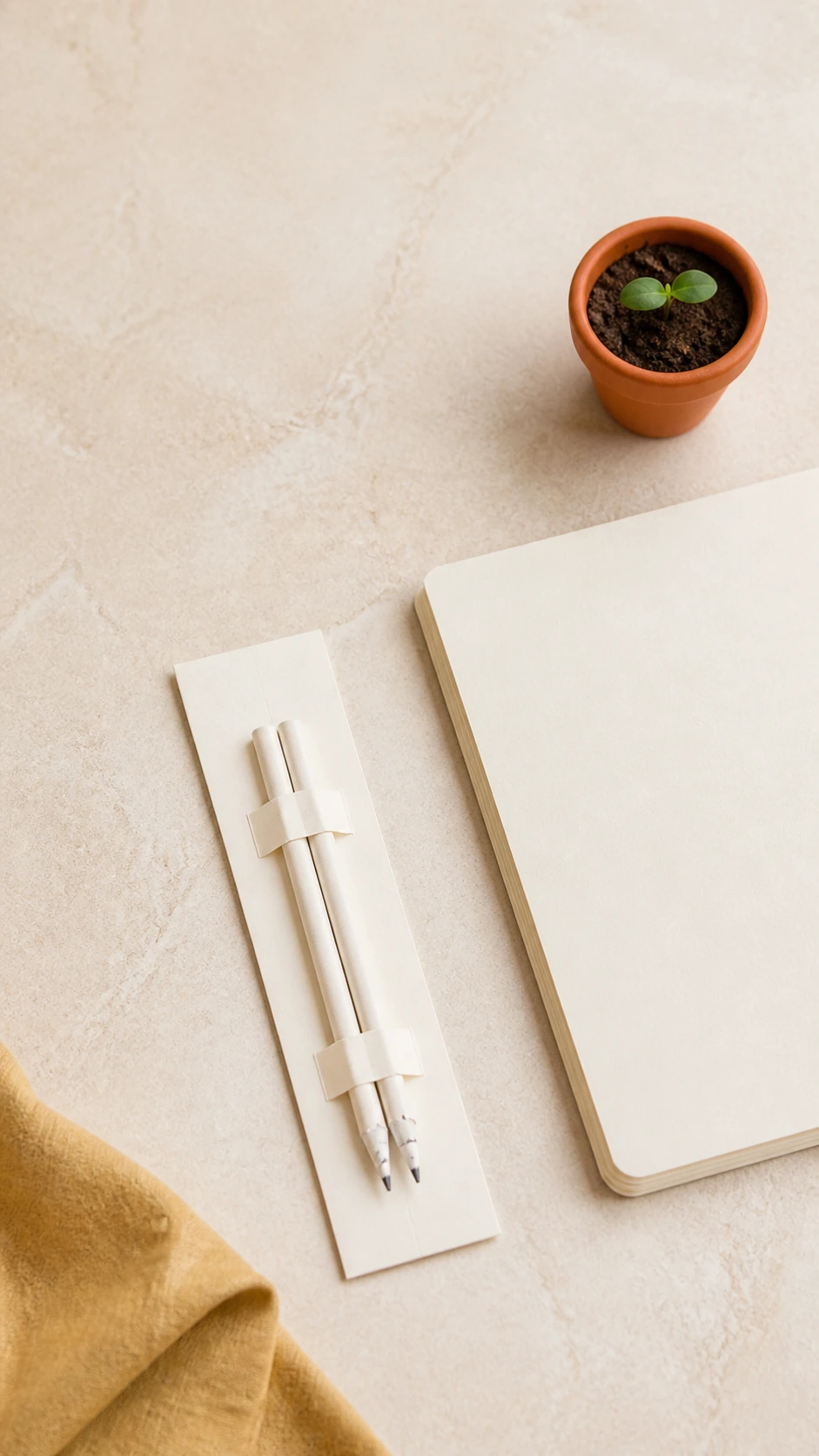 Dos lápices de papel reciclado en su tarjeta junto a libreta y planta decorativas