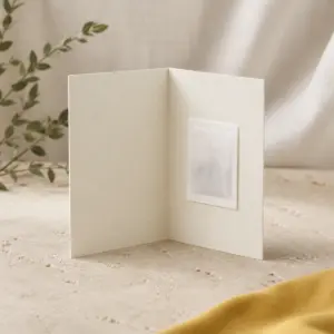 Díptico de papel con fibras de algas y un sobre de semillas interior