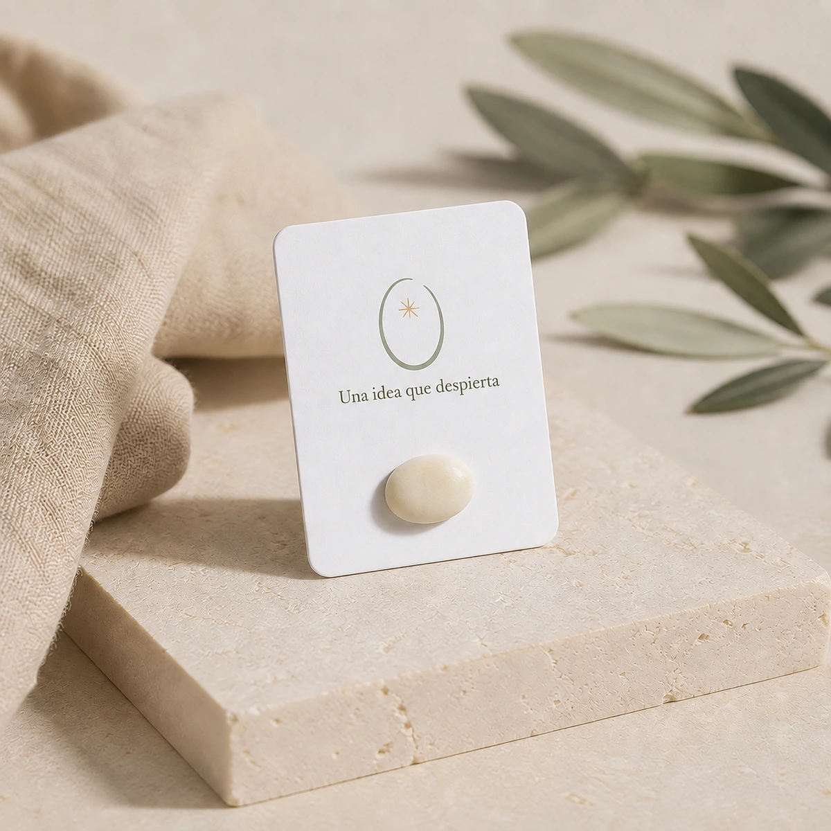 Semilla de haba con grabado láser personalizado; simulación de personalización con color y la frase «Una idea que despierta».