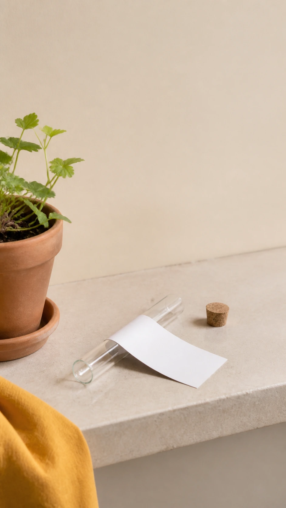 Tubo vacío con su corcho y banderola junto a brotes decorativos