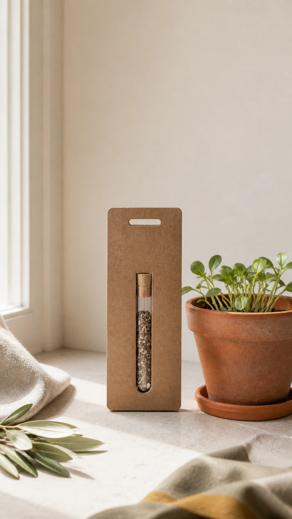 Tubo de semillas en su tarjeta kraft junto a una maceta decorativa