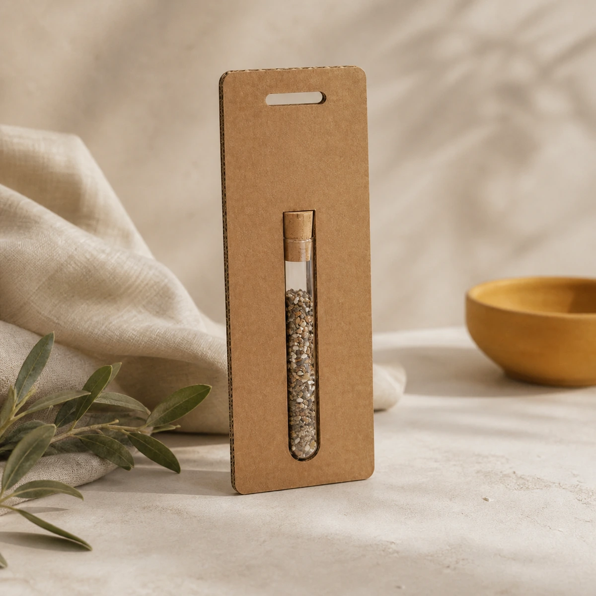 Tubo de semillas sujeto a una tarjeta kraft troquelada