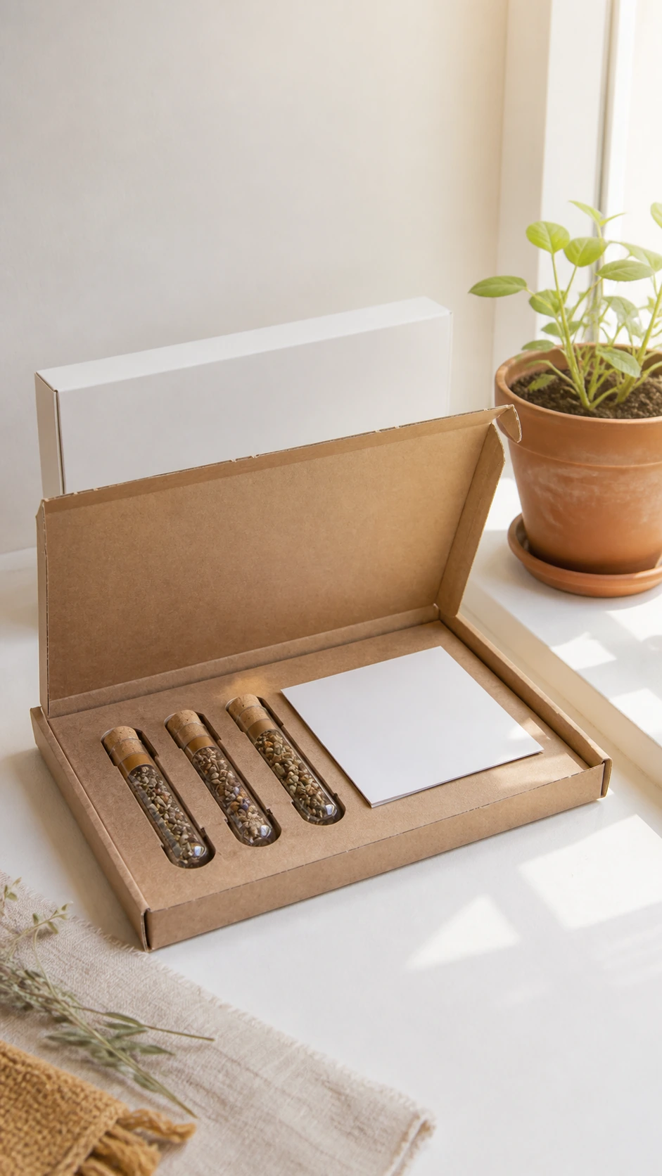 Caja con tres tubos de semillas junto a brotes decorativos