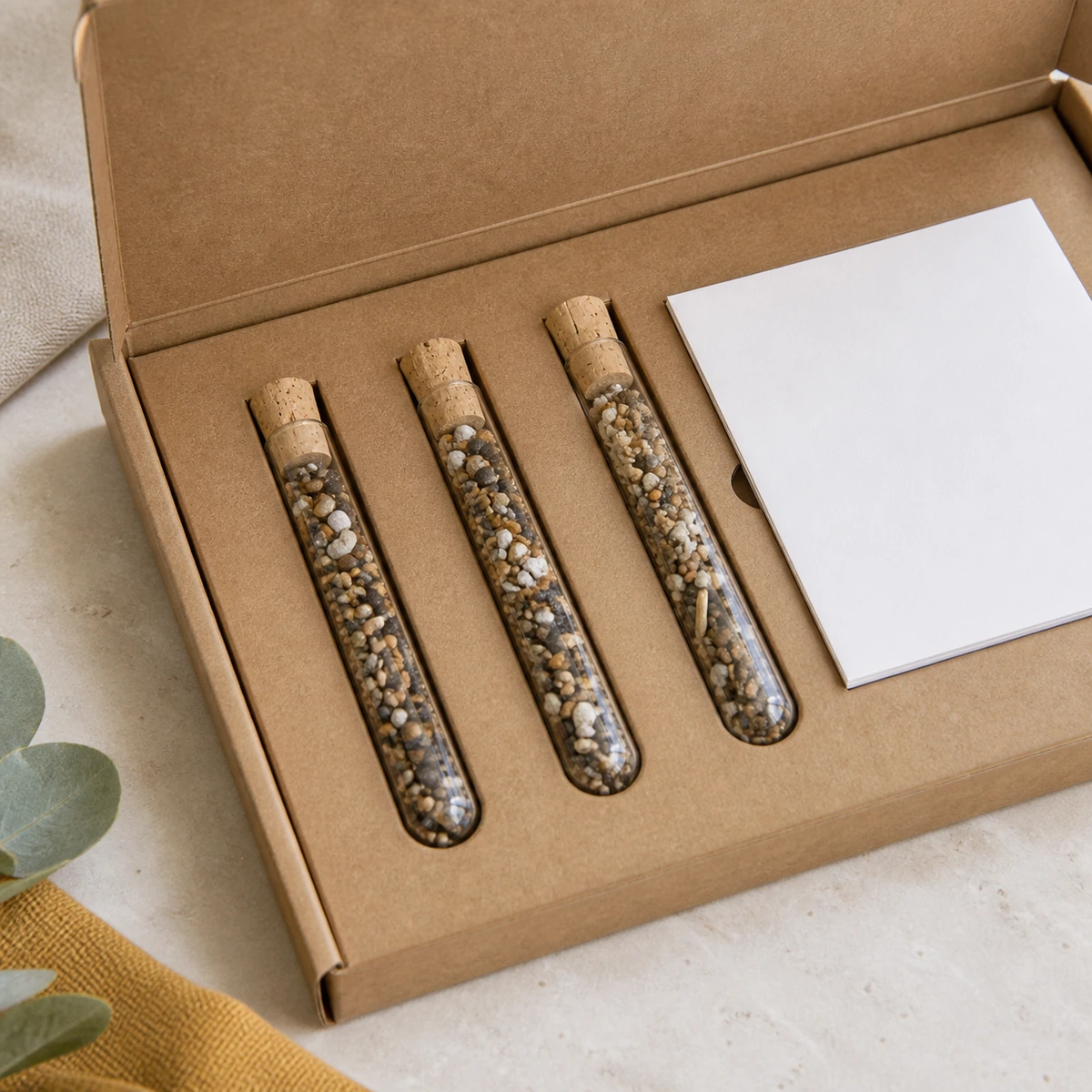 Detalle de los tres tubos de semillas y el folleto de la caja