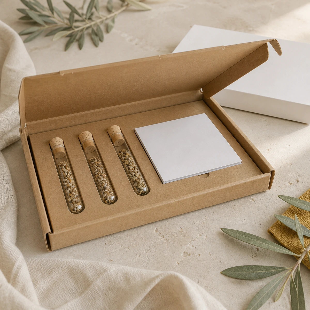 Pack de tres tubos de semillas y sustrato en caja kraft abierta