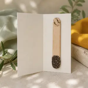Palito de madera con semillas en su díptico de presentación